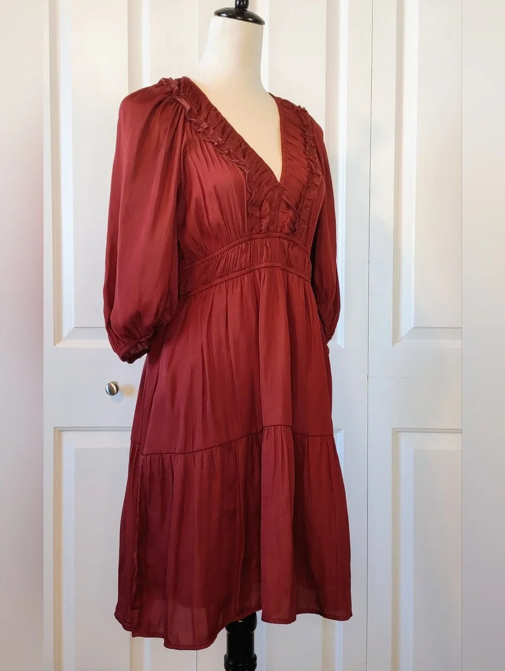 NWOT BOHME Women's V-Neck Ruffled Tiered Dress - Deep Burgundy. Size Large.